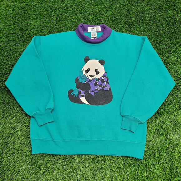 Vintage 90s Cute Panda Bear Sweatshirt M/L 22x25 Blue USA - Picture 1 of 16